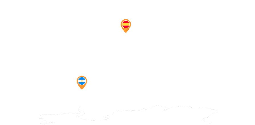 mapa planisferio con íconos de ubicación sobre España y Argentina